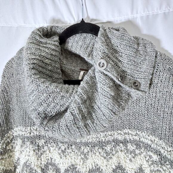 Free People Fairisle Split Neck Wool Blend Sweater Gray Ivory Size M - Picture 4 of 6